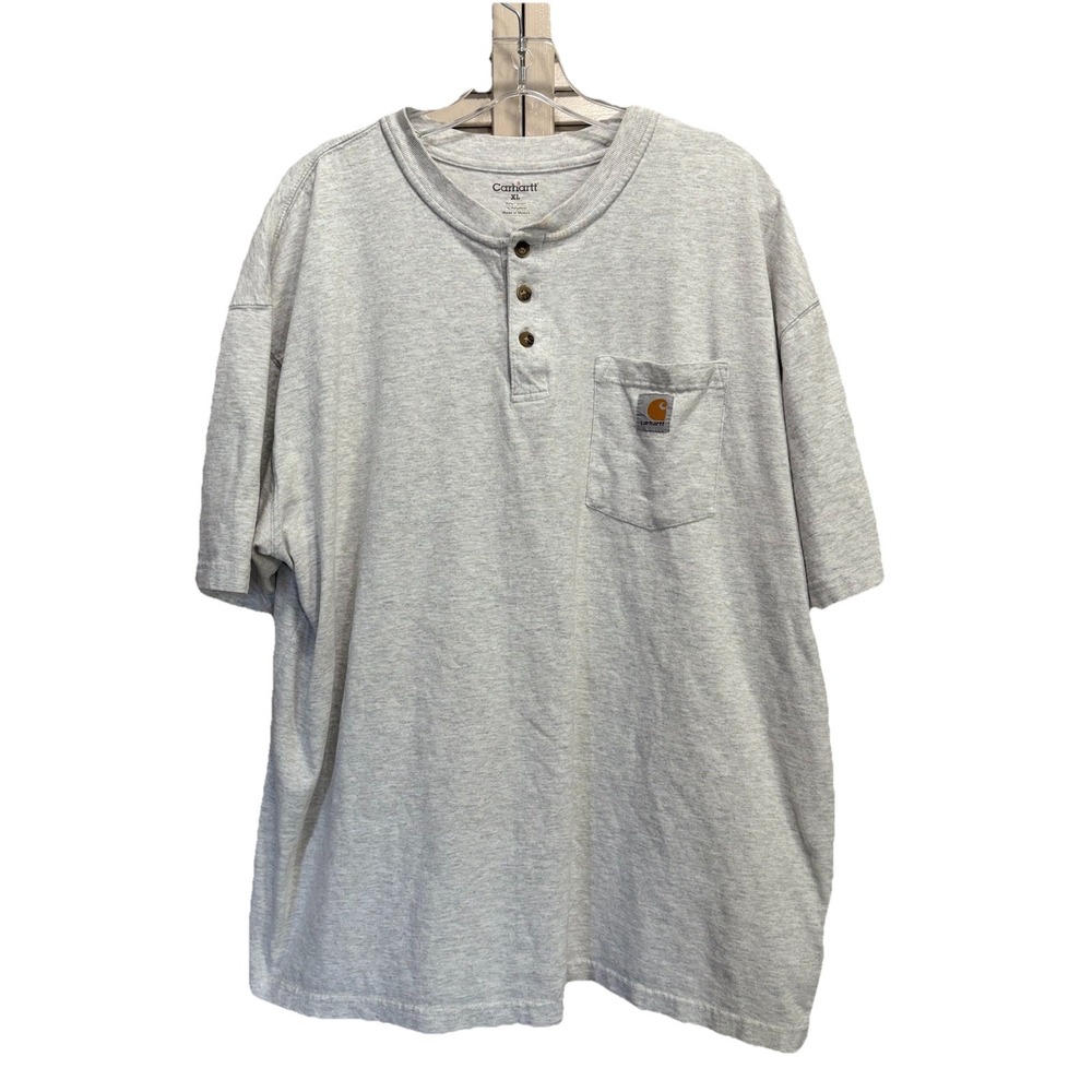 Carhartt Lightβ Gray Logo Short Sleeve 3 Button Crew Neck T-Shirt Size XL Pocket